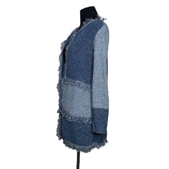 Chicos Blue Patchworks Long Sleeves Fringe Open Front Cardigan size 0 - S - Picture 12 of 12